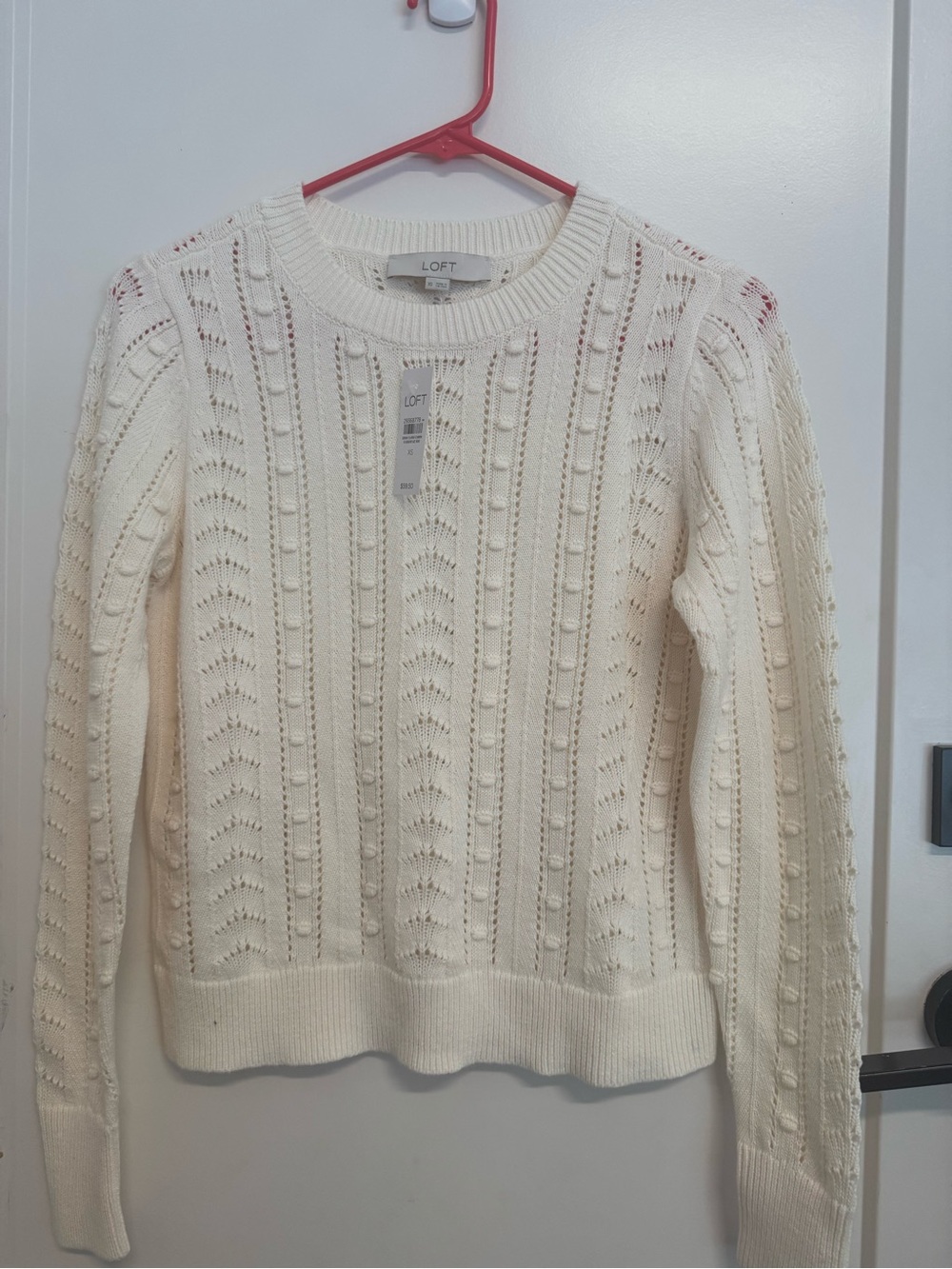 LOFT Cream Pointelle Crewneck Sweater, XS